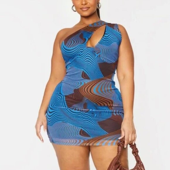 PrettyLittleThing Blue Brown Abstract Swirl Print Mesh One Shoulder Mini Dress - Picture 1 of 14